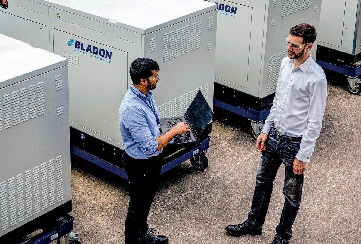 Bladon Microturbine branded graphic illustrating telecom tower mini-grid power